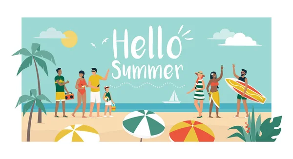 Gente Feliz Disfrutando Vacaciones Verano Playa Están Bailando Hablando Turismo — Vector de stock