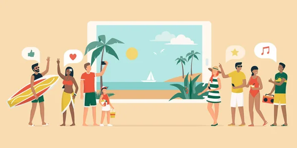 Fröhliche Menschen Die Einen Sommerurlaub Online Buchen Haben Spaß Und — Stockvektor