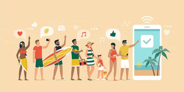 Веселі Люди Які Бронюють Літню Відпустку Пляжі Онлайн Вони Стоять — стоковий вектор