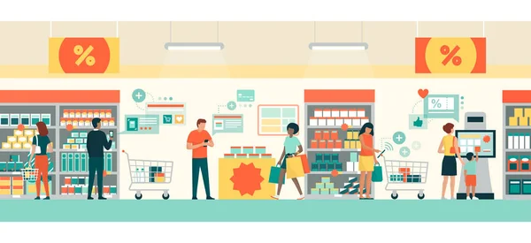 Lidé Kteří Nakupují Nákupy Supermarketu Kupují Produkty Pomocí Apps Svých — Stockový vektor