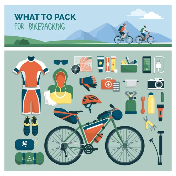 What Pack Bikepacking Sports Outdoor Travel Equipment Gear Bikers Flat — Stock Vector