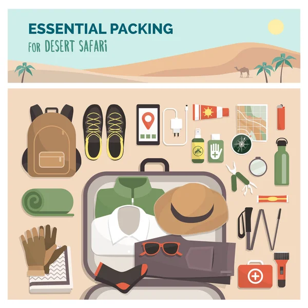 Essential packing for desert safari tour, adventure travel and exploration concept, flat lay equipment and clothing