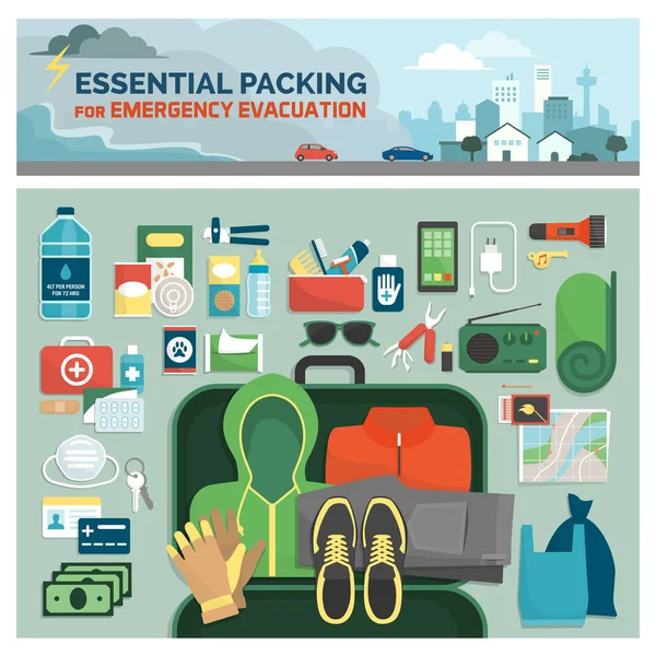 Essential Packing Kit Emergency Evacuation Emergency Preparedness Safety Guide Flat — Stock Vector