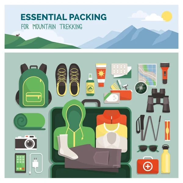 Pakowanie Niezbędne Trekkingu Górskiego Podróży Świeżym Powietrzu Sportu Ubrania Akcesoria — Wektor stockowy