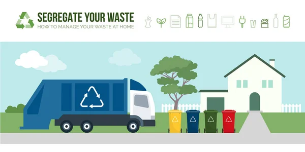 Müllwagen Sammelt Mülltonnen Auf Der Straße Mülltrennung Und Recyclingkonzept — Stockvektor