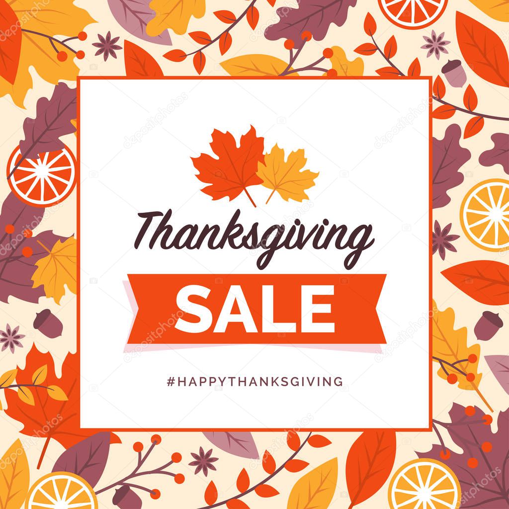 Happy thanksgiving promotional sale design and social media post with colorful leaves frame