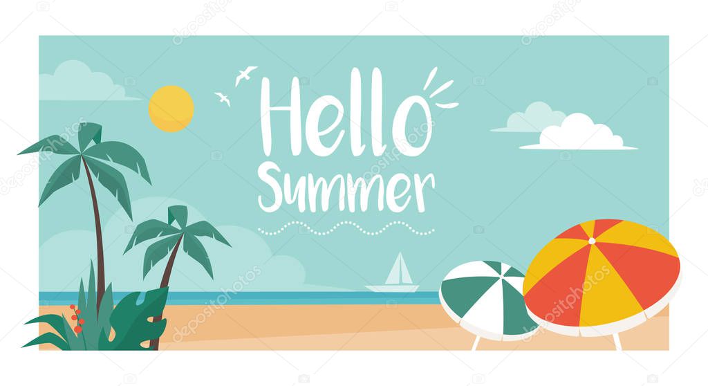 Hello summer vacations postcard with tropical beach, palms and umbrellas