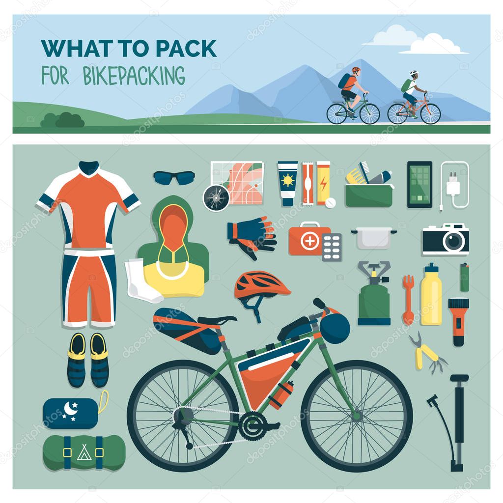 What to pack for bikepacking: sports and outdoor travel equipment gear for bikers, flat lay objects