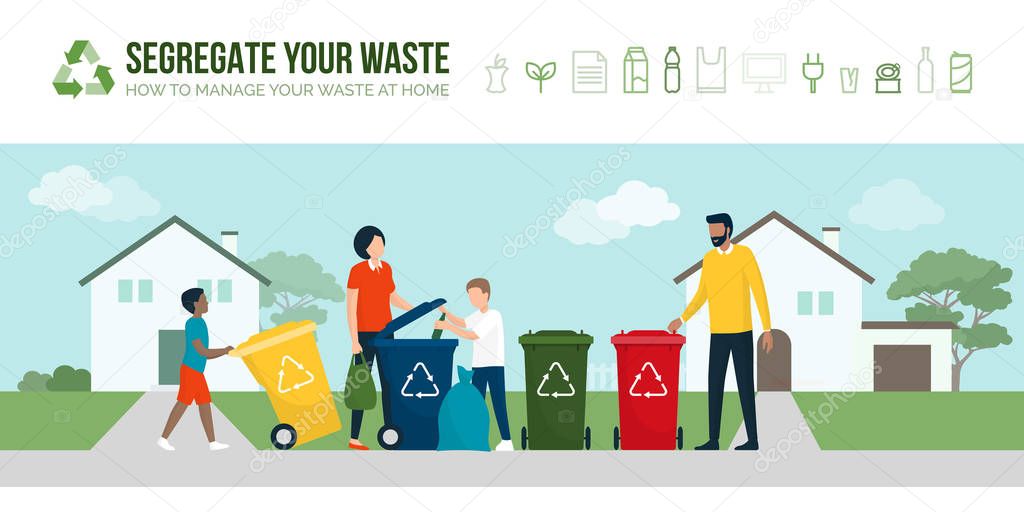 People sorting waste and recycling together, they are throwing each type of trash in different garbage bins: sustainable lifestyle and environmental care concept