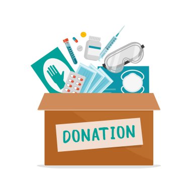 Coronavirus covid-19 salgını sırasında tıbbi ekipman bağışları, ilaçlarla dolu bağış kutusu, ameliyat eldivenleri ve yüz maskeleri, dayanışma konsepti
