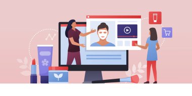 Profesyonel güzellik uzmanı ve video blogcusu nemlendirici yüz maskesi takmayı öğretiyor, bir kadın videoyu izliyor ve kanalına abone oluyor: çevrimiçi öğrenme, güzellik ve uzaktan çalışma konsepti