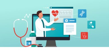 Çevrimiçi tıbbi danışmanlık ve reçeteli ilaç: bir hastaya danışmanlık yapan ve danışmanlık yapan profesyonel doktor, teletıp kavramı