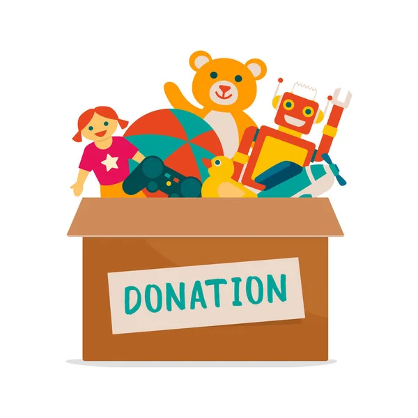 为儿童捐赠的慈善玩具 捐赠箱 里面有很多漂亮的玩具 团结和志愿服务的概念 — 图库矢量图片