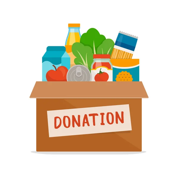 关于白人背景 食物驱动和志愿服务概念的捐赠箱中的食品杂货 — 图库矢量图片