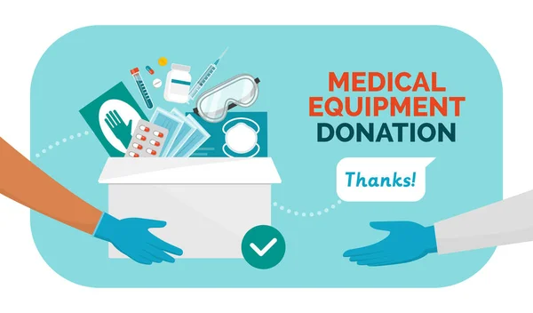 コロナウイルスの流行の間の医療機器の寄付 医薬品 外科手袋とフェイスマスクでいっぱいの寄付箱を保持するボランティア 連帯コンセプト — ストックベクタ