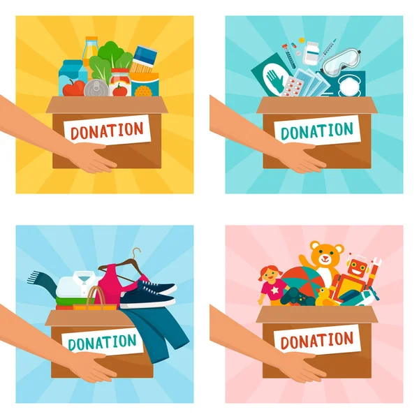 持有装有食品 医疗设备 服装和玩具的捐赠箱的志愿者 — 图库矢量图片