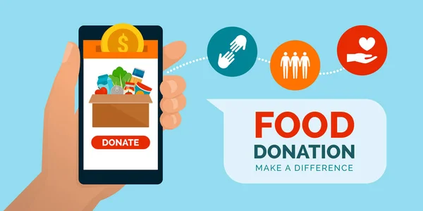 スマートフォン ボランティア チャリティのコンセプトでの食品と食事の寄付アプリ — ストックベクタ