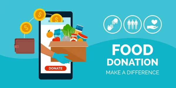 智能手机上的食品和膳食捐赠应用程序 志愿服务和慈善概念 — 图库矢量图片