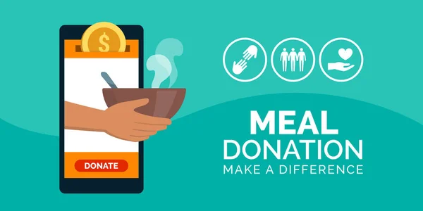 スマートフォン ボランティア チャリティのコンセプトで食事や食品寄付アプリ — ストックベクタ