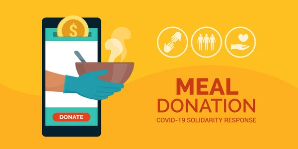 スマートフォン上の食事や食品寄付アプリ ボランティアやチャリティーコンセプト Covid 10連帯応答 — ストックベクタ