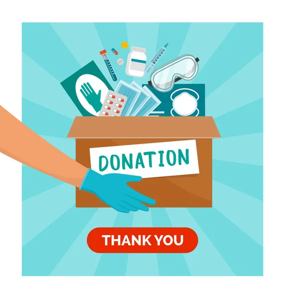 Medical Equipment Donation Coronavirus Covid Pandemic Volunteer Holding Donation Box — Stock Vector