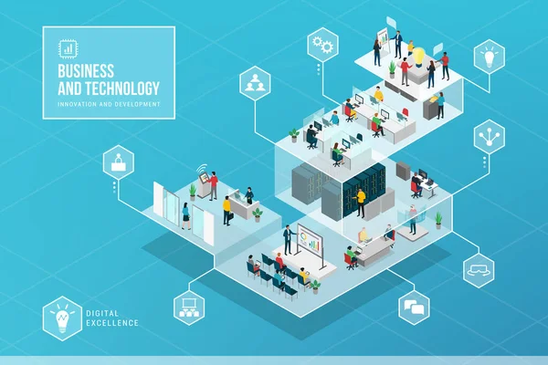 Üzleti Innováció Technológiai Izometrikus Infografika Technológiai Innováció Feladatok Egy Vállalati — Stock Vector