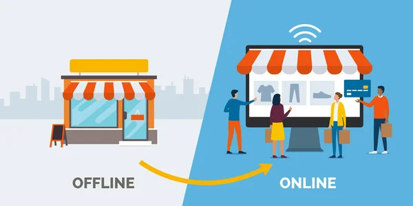 Retail Offline Online Convertissez Votre Boutique Commerce Réussi Ligne Attaquez — Image vectorielle