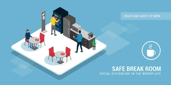 Sala Descanso Segura Distanciamiento Social Gente Negocios Tomando Café Cafetería — Vector de stock