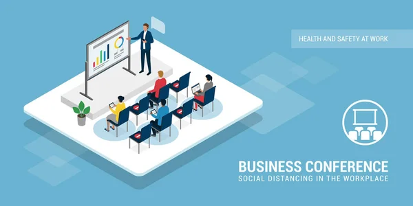 Geschäftsleute Die Einer Geschäftskonferenz Teilnehmen Und Eine Sichere Distanz Soziale — Stockvektor