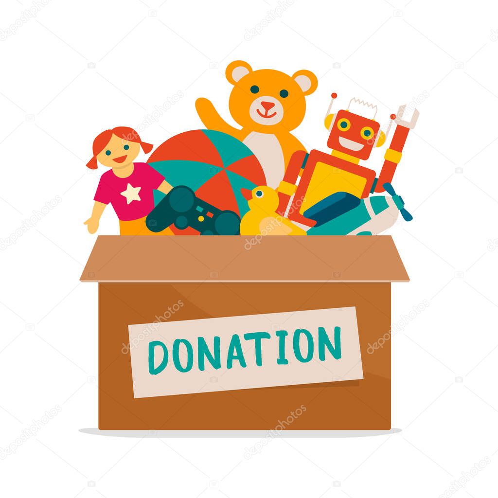 Charitable toys donation for kids: donation box with lots of beautiful toys, solidarity and volunteering concept
