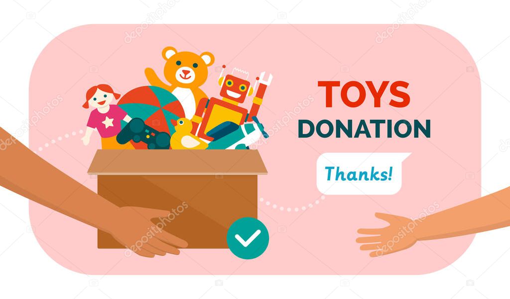 Charitable toys donation for kids: volunteer giving a donation box with lots of beautiful toys, solidarity and charity concept