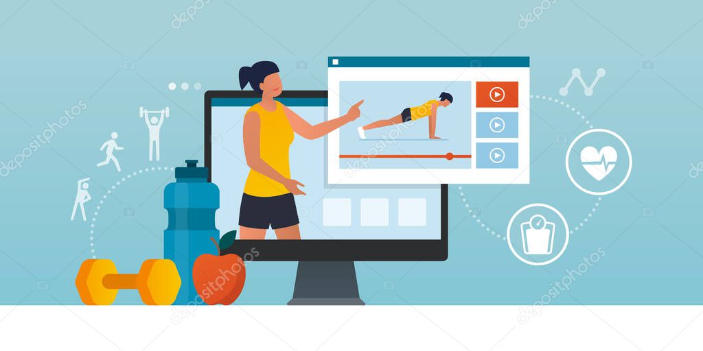 Fitness trainer online: professional coach showing how to workout in a video, distance learning and sports concept