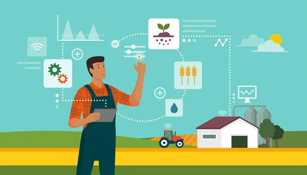 Agriculteur Contemporain Surveille Ferme Avec Une Application Numérique — Image vectorielle