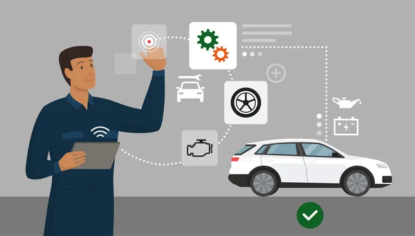 Mecánico Que Realiza Una Inspección Coche Utilizando Una Aplicación Digital — Vector de stock