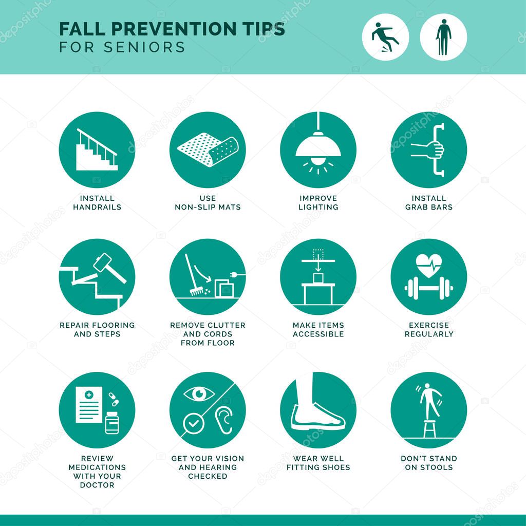 Senior fall prevention tips icons set