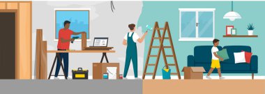 Ev yenileme işlemi: Aile birlikte ev dekorasyonu yapıyor.