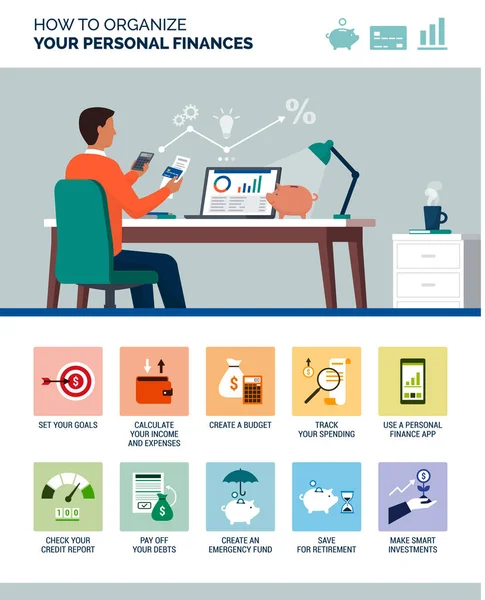 How Organize Your Personal Finances Financial Management Tips Icons Set — Stock Vector