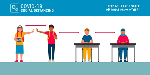 Jarak Fisik Sekolah Pencegahan Coronavirus Covid Dan Konsep Anak Anak - Stok Vektor