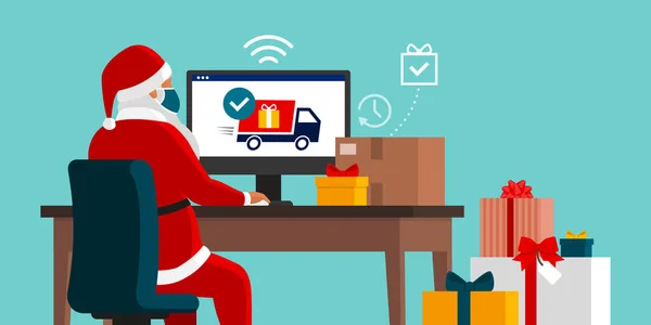 Papai Noel Entregando Presentes Casa Usando Serviço Entrega Ele Está — Vetor de Stock