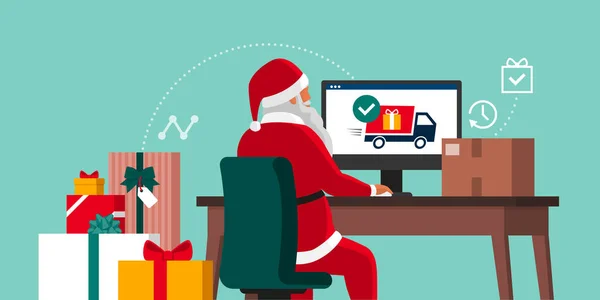 Санта Доставляет Рождественские Подарки Онлайн Помощью Службы Доставки Сидит Столом — стоковый вектор