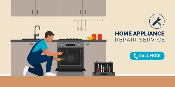 Reparador Experto Que Fija Horno Roto Una Cocina Concepto Servicio — Vector de stock