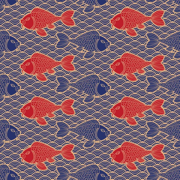 Asya Geleneksel Süs Yayın Balığı Dalgalar Koyu Mavi Altın Renkleri — Stok Vektör