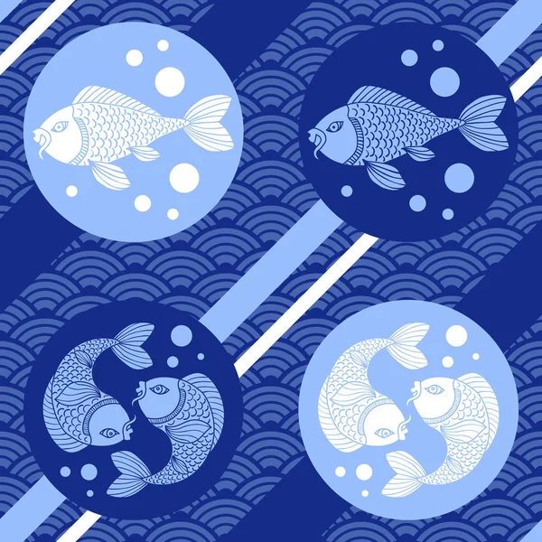 Motif Japonais Moderne Sans Couture Avec Vagues Poisson Chat Lignes — Image vectorielle