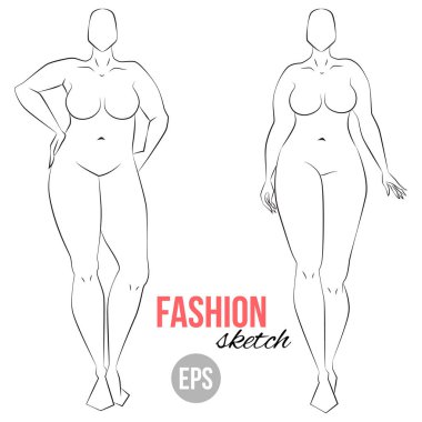 Artı boyutu modeli. Curvy vücut. Kadının şekil kroki. Farklı pozlar. Çizim şablonu. Moda çizimi için vektör anahat kız model şablonu. Kadın vücudu. Moda illüstrasyon.