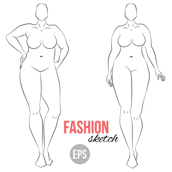 Size Model Curvy Body Woman Figure Sketch Different Poses Template — Stock Vector