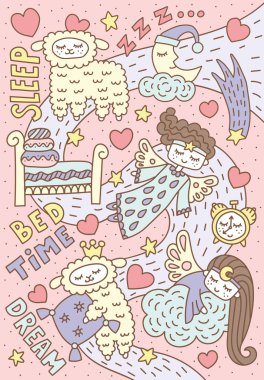 Tatlı uykulu melekler ve kuzu. Çocukça çizim. Çocuk odası için poster. Vektör çizim.