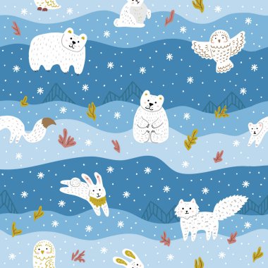Arctic animals with white fur. Cute seamless pattern for kid's clothes, fabric. Vector illustration clipart