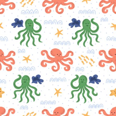 Şirin ışık süsleme ahtapot ile tekrar. Vektör sualtı çizgi film karakterleri ile seamless modeli. Çocukça çizim çizilmiş.
