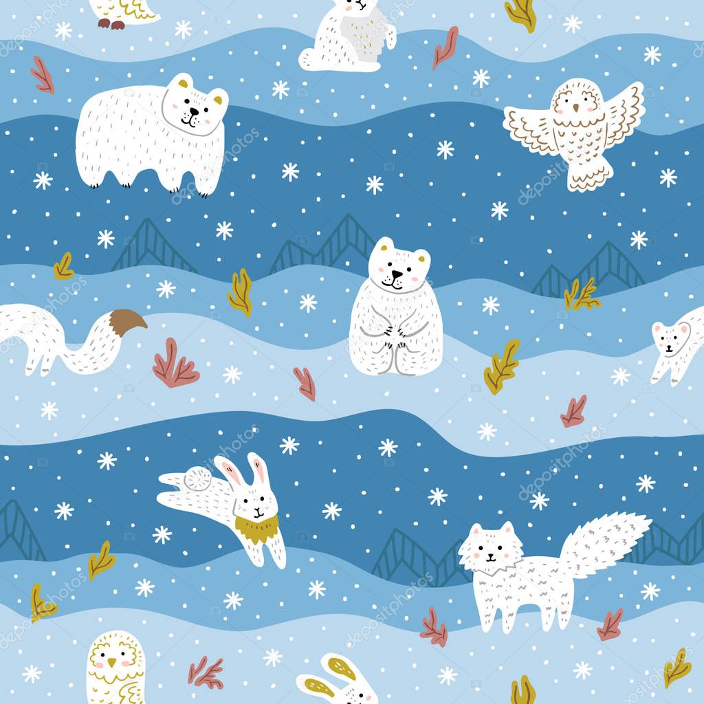 Arctic animals with white fur. Cute seamless pattern for kid's clothes, fabric. Vector illustration