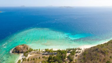 Beyaz kum ve palmiye ağaçları ile Plaj, yukarıdan görünümü. Malcapuya Adası